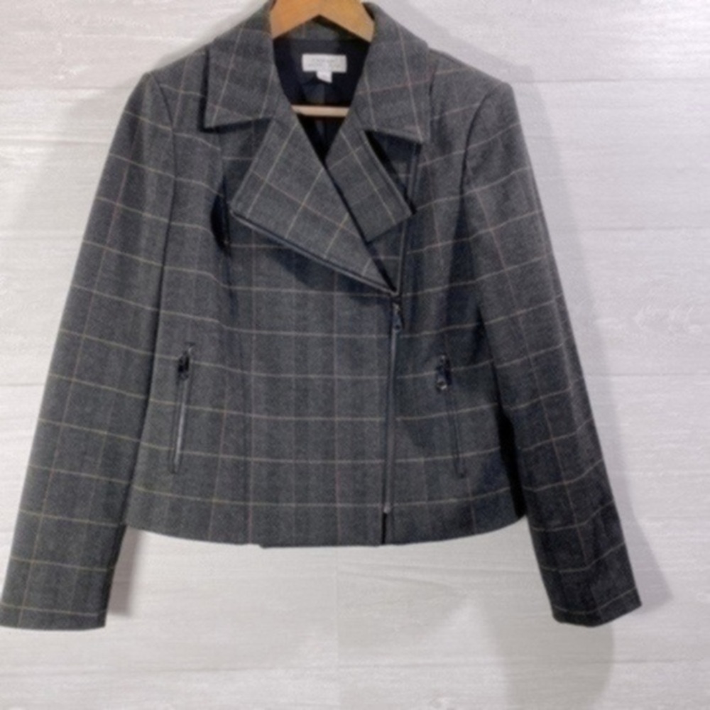 TAHARI Womens Black Pocketed Zippered Plaid Motorcycle Jacket Size 10 - Picture 6 of 13